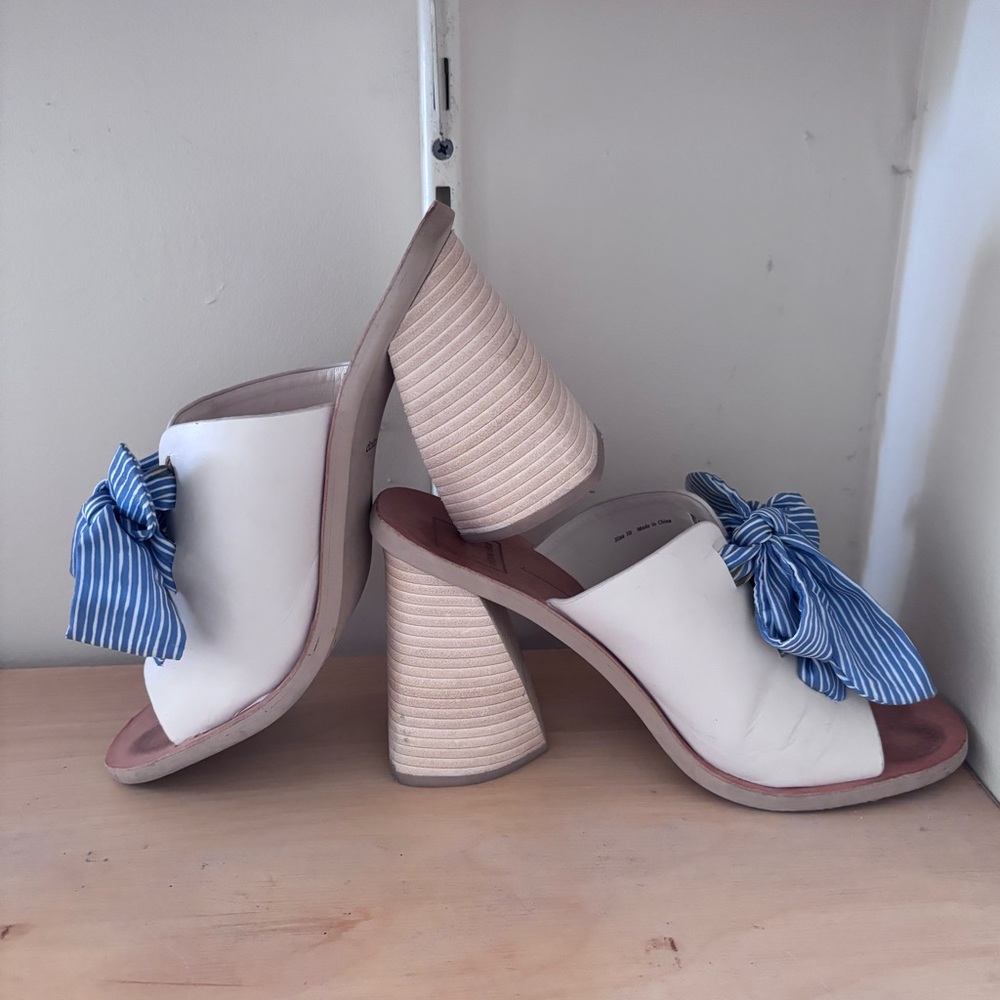 Women’s Cream Open-Toe Heeled Mules with Blue Bow